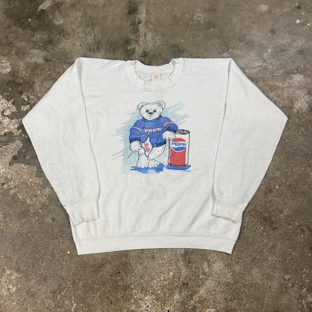 Vintage 80s Pepsi Cola Sweatshirt Size XL White Crew Neck Pullover Bear Graphic